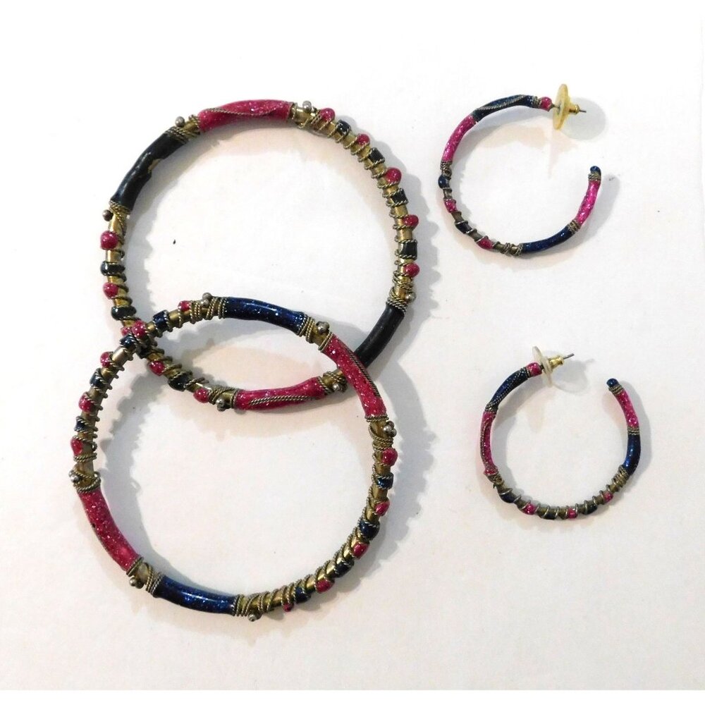 Colorful Bangle Bracelet 3 Inch Hoop Earrings 1.5 Inch Set Enamel Wire Vintage